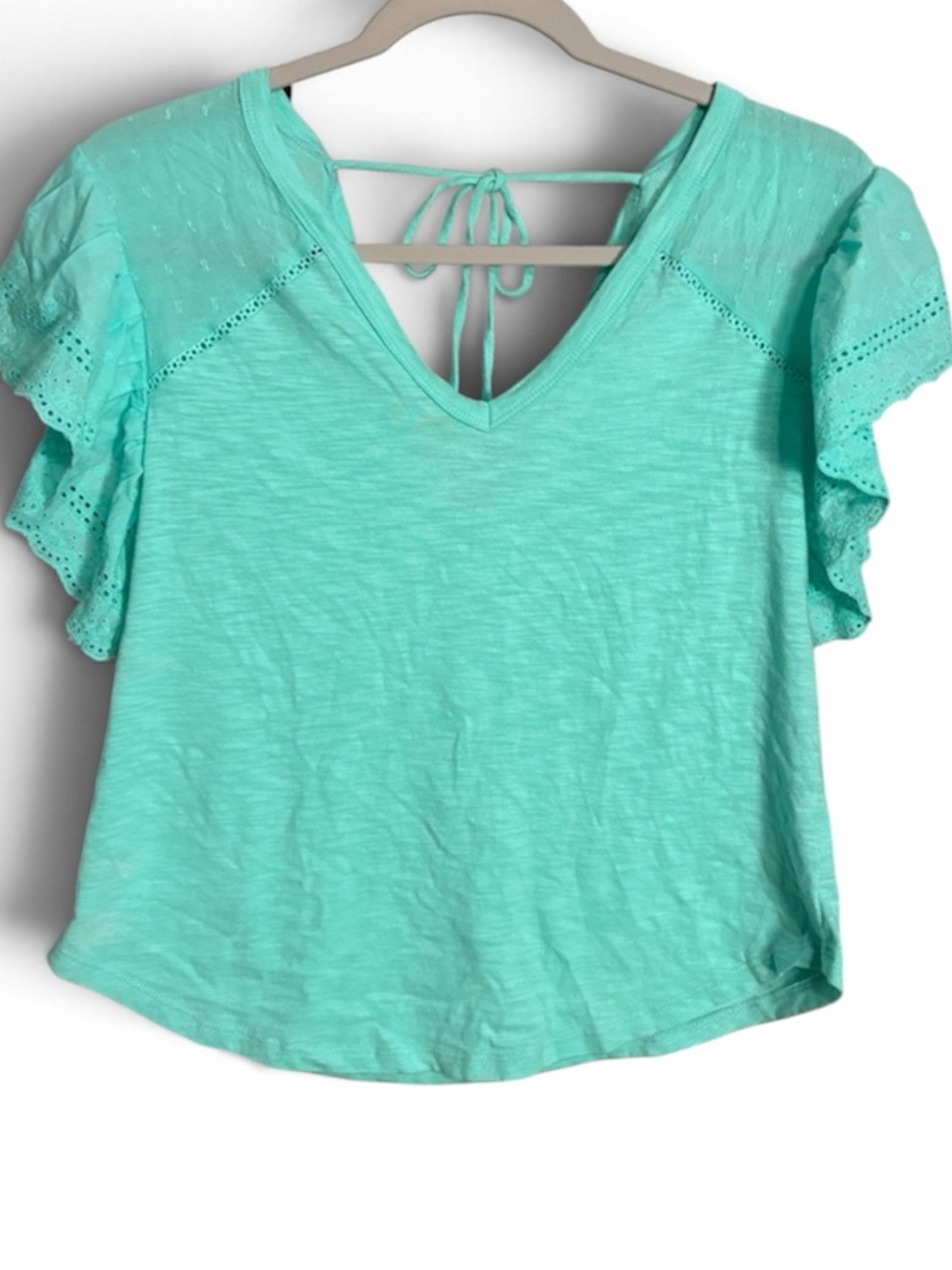 Thread & Clover Tie-Back V-Neck Eyelet Flutter Sleeve Top Mint Cotton Rayon XS